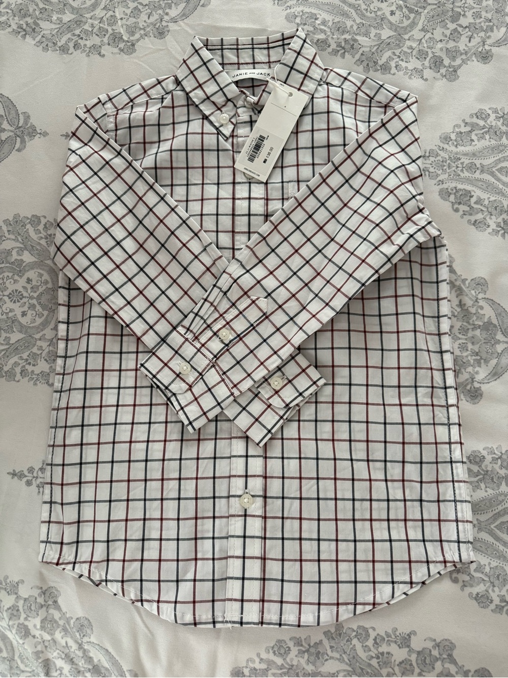 Janie and Jack White Button-Down with Black & Burgundy Windowpane
